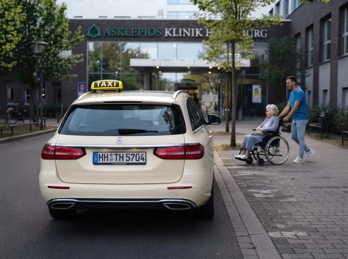 Helles Taxi vor dem Eingang der Asklepios Klinik Harburg, daneben schiebt ein Mann eine ältere Frau im Rollstuhl