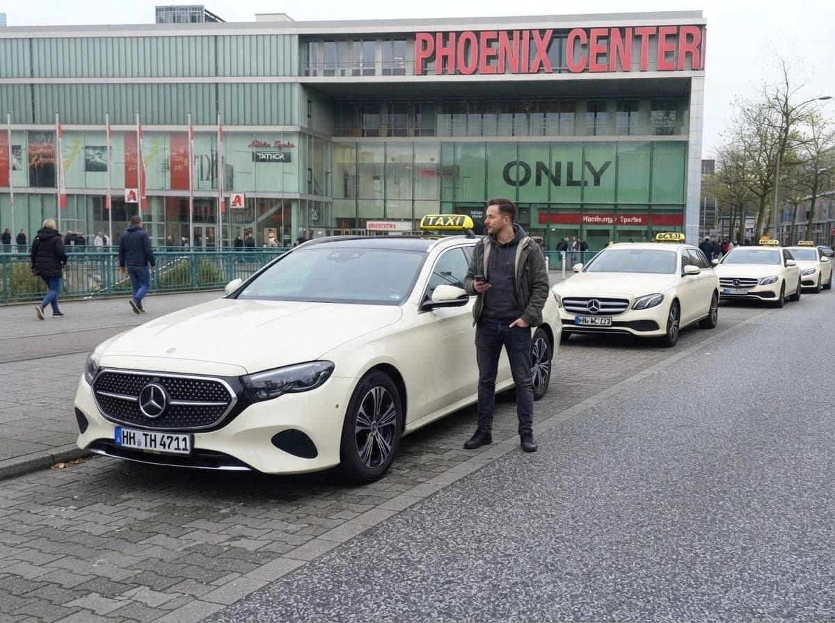 Helle Taxis vor dem Phoenix-Center, neben dem vorderen Wagen steht ein Mann mit Mobiltelefon