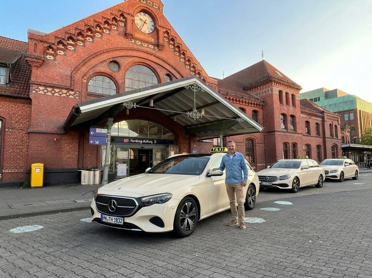 Helles Taxi vor dem Backsteinbau des Bahnhofs Harburg, ein Mann steht an der Fahrertür, dahinter weitere Taxis